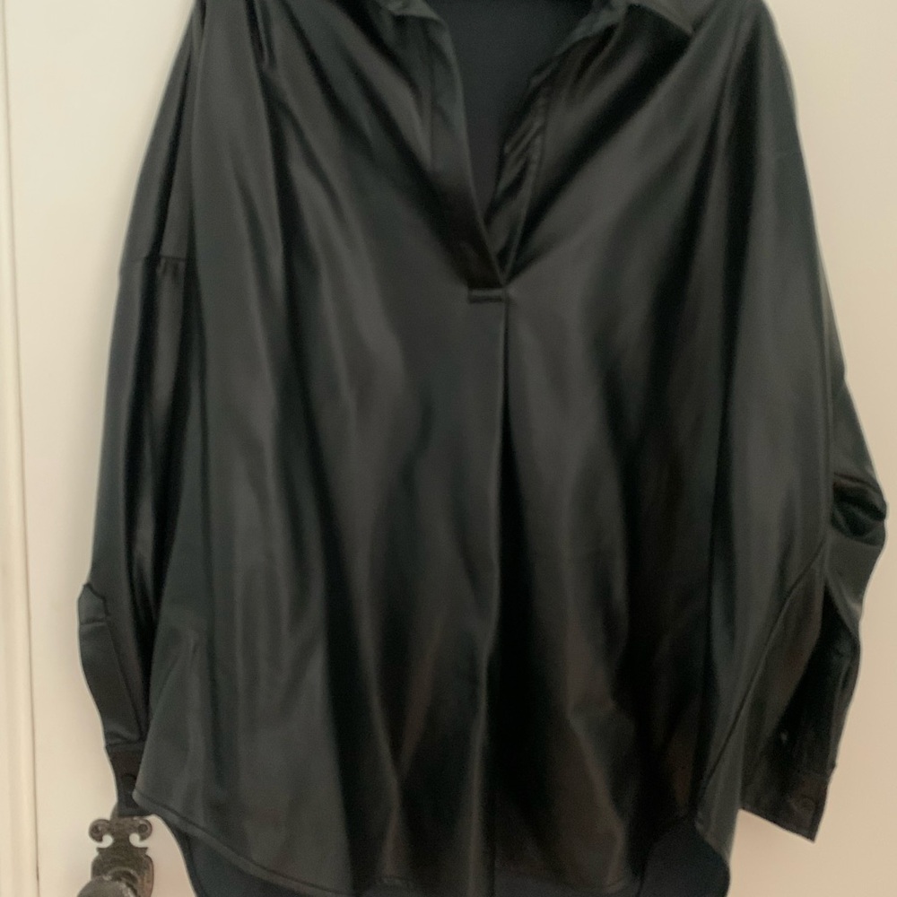 French Connection Faux Leather Black Oversized Notched Collar Shirt